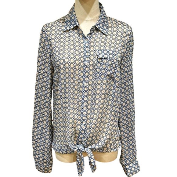 Zac Rachel Blouse Size S Yellow Blue Dots Roll Tab Sleeves Tie Front Button Up - Picture 1 of 9